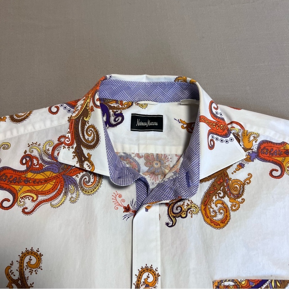 Neiman Marcus Men’s Paisley Print Button-Down Shirt | Medium | Short Sleeve - Picture 10 of 14